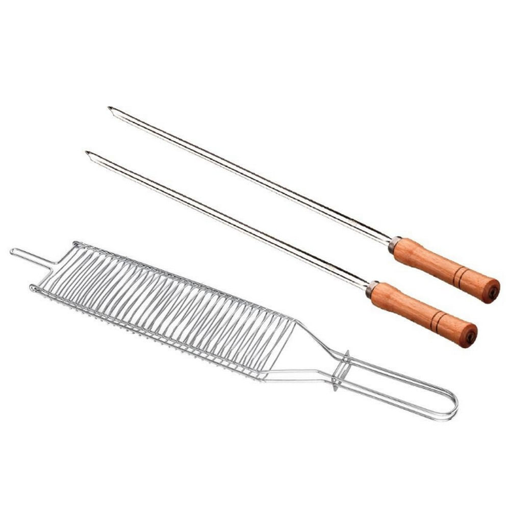 Encontraproduto.com.br - Conjunto de Grelha para Coraçãozinho e Espetos Simples Utimil em Aço Cromado, Aço Inox e Madeira – 3 Peças