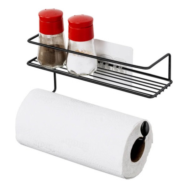 Encontraproduto.com.br - Porta Papel Toalha E Suporte Para Condimentos De Parede Preto Adesivo Sem Furos Temperos Chás Utimil