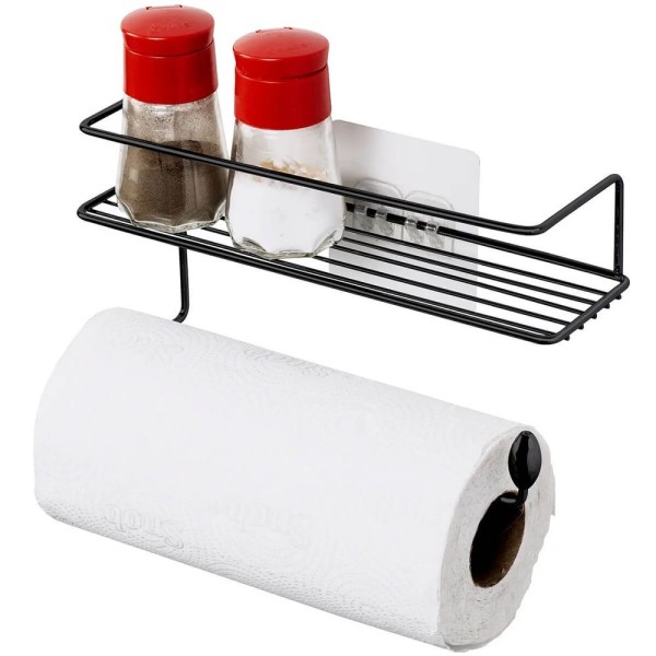 Encontraproduto.com.br - Porta Papel Toalha E Suporte Para Condimentos De Parede Preto Adesivo Sem Furos Temperos Chás Utimil