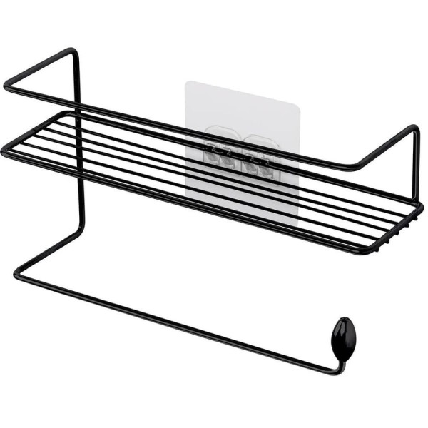 Encontraproduto.com.br - Porta Papel Toalha E Suporte Para Condimentos De Parede Preto Adesivo Sem Furos Temperos Chás Utimil