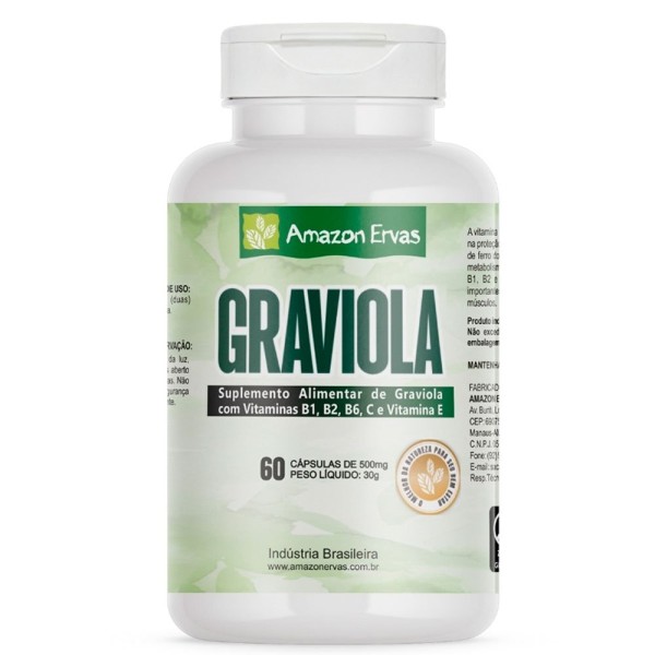Encontraproduto.com.br - Suplemento Alimentar Graviola Com Vitaminas B1, B2, B6, C, E 500mg 60 Cápsulas Amazon Ervas