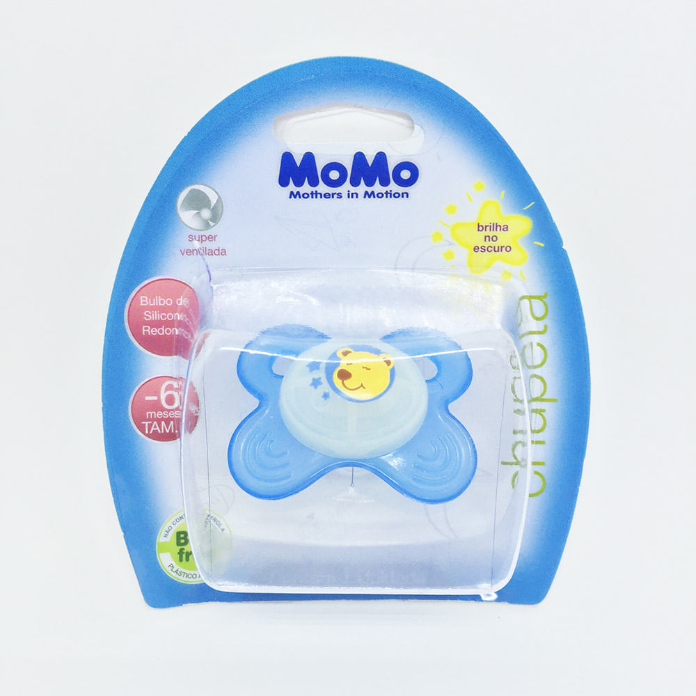 Encontraproduto.com.br - Chupeta Momo Brilha no Escuro Silicone Redondo Azul 0 - 6 meses Tam 1