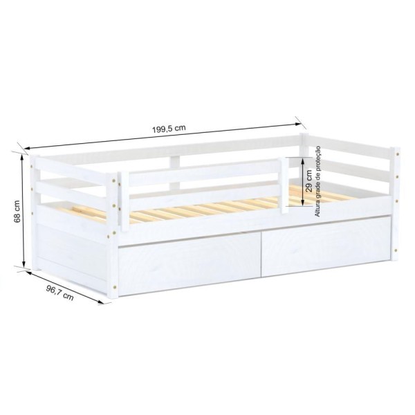 Encontraproduto.com.br - Cama Solteiro Slim Com 02 Gavetas E Grade De Proteção Madeira Maciça Branco Housin