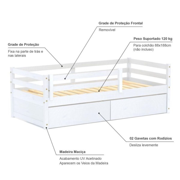 Encontraproduto.com.br - Cama Solteiro Slim Rb Com 02 Gavetas E Grade De Proteção Madeira Maciça Branco Housin