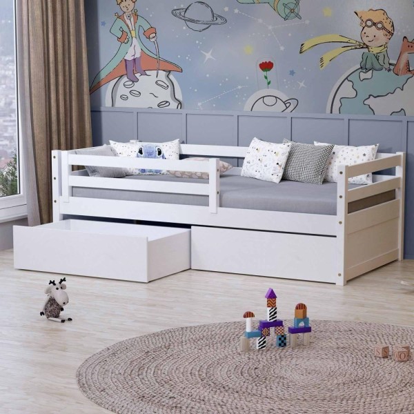 Encontraproduto.com.br - Cama Solteiro Slim Rb Com 02 Gavetas E Grade De Proteção Madeira Maciça Branco Housin