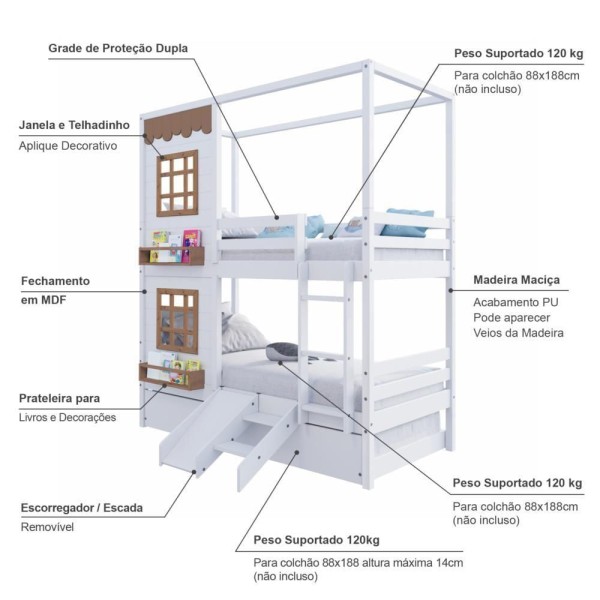 Encontraproduto.com.br - Treliche Casinha Reta Com 02 Janelas E Escorregador Madeira Maciça Branco/ Amêndoa Housin