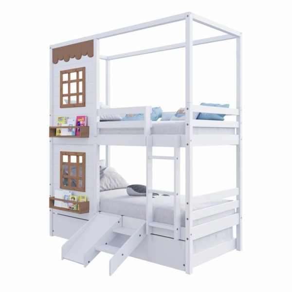 Encontraproduto.com.br - Treliche Casinha Reta Com 02 Janelas E Escorregador Madeira Maciça Branco/ Amêndoa Housin