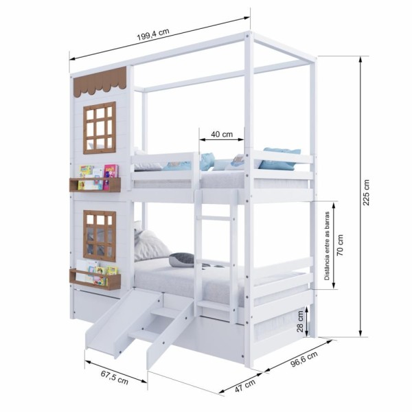 Encontraproduto.com.br - Treliche Casinha Reta Com 02 Janelas E Escorregador Madeira Maciça Branco/ Amêndoa Housin