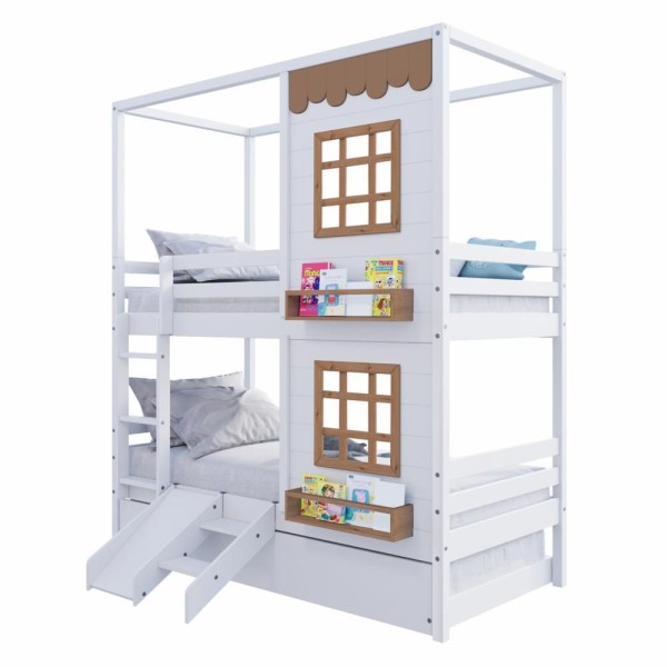 Encontraproduto.com.br - Treliche Casinha Reta Com 02 Janelas E Escorregador Madeira Maciça Branco/ Amêndoa Housin