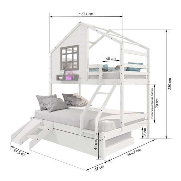 Encontraproduto.com.br - Treliche Casinha Com Janela Casal-solteiro Com Escada-escorregador Madeira Maciça Branco- Cinza