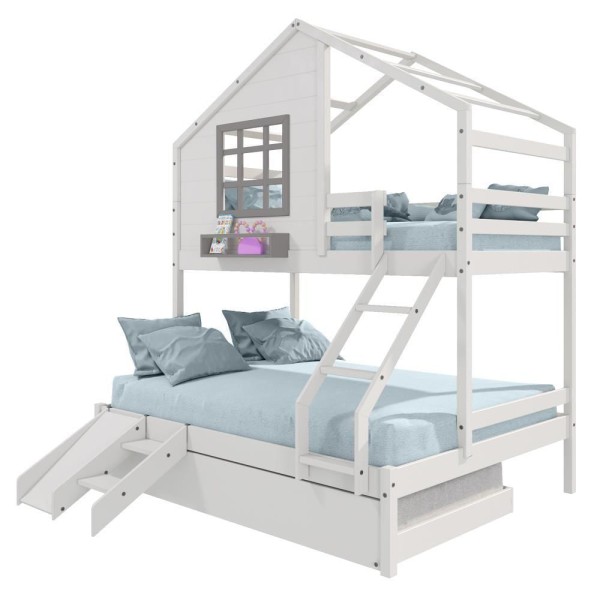 Encontraproduto.com.br - Treliche Casinha Com Janela Casal-solteiro Com Escada-escorregador Madeira Maciça Branco- Cinza
