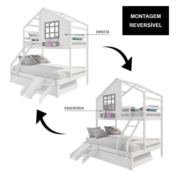 Encontraproduto.com.br - Treliche Casinha Com Janela Casal-solteiro Com Escada-escorregador Madeira Maciça Branco- Cinza