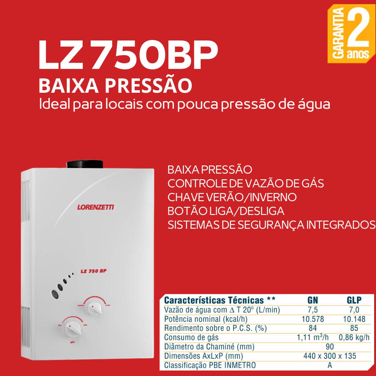Encontraproduto.com.br - Aquecedor A Gás LZ 750-BP GLP Lorenzetti