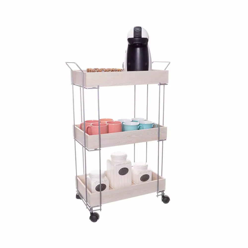 Encontraproduto.com.br - Carrinho Organizador Multiuso Metaltru em Aço e Madeira Prata