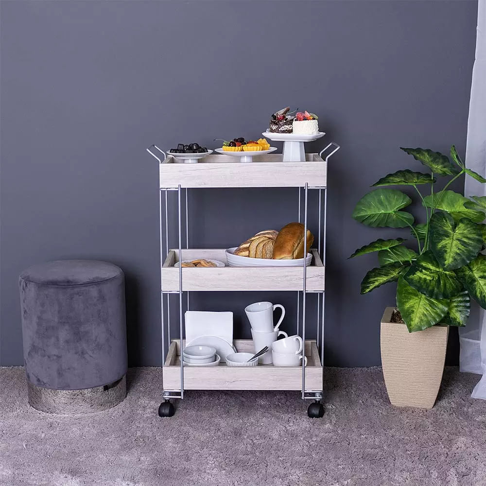 Encontraproduto.com.br - Carrinho Organizador Multiuso Metaltru em Aço e Madeira Prata