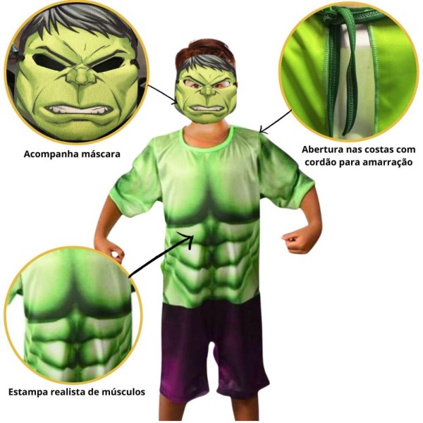 Encontraproduto.com.br - Fantasia Infantil Hulk Clássica Curta Com Máscara Super Heroi Dos Vingadores - P 2 - 4