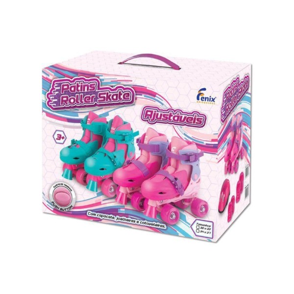 Encontraproduto.com.br - Patins Roller Ajustável Com Acessórios Rosa - Fênix