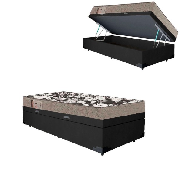 Encontraproduto.com.br - Cama Box Baú Solteiro Suede + Colchão Physical Ultra Resistente Ortobom 61x88x188 Cor:preto