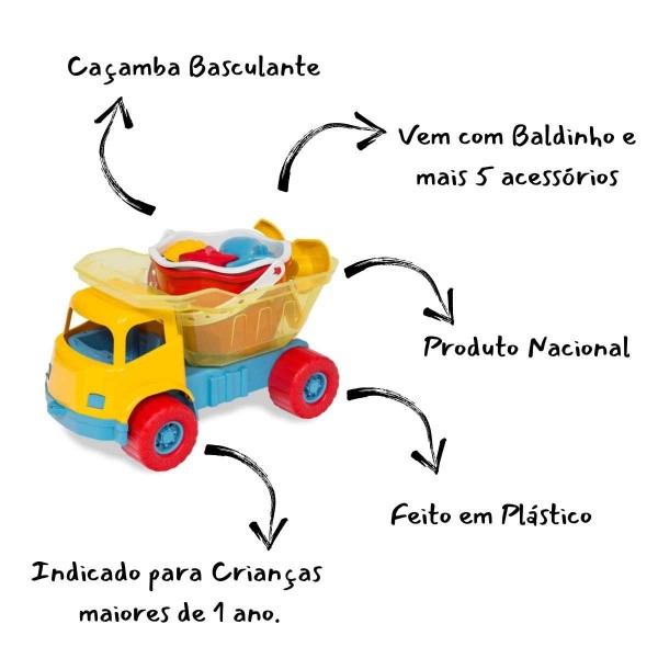 Encontraproduto.com.br - Este Super Caminhão Zinho Vem Para Deixar A Praia Ou O Quintal Ainda Mais Divertido Para Criançada, Poi Além Do Carrinho Vem Também Baldinho Com Peneira E Forminhas Para Moldar Terra Ou Areia!