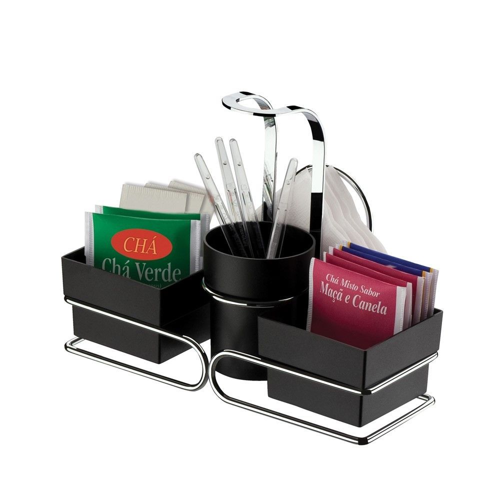 Encontraproduto.com.br - Conjunto para Chá Café Porta Sachês Açúcar Guardanapos Com Alça Preto