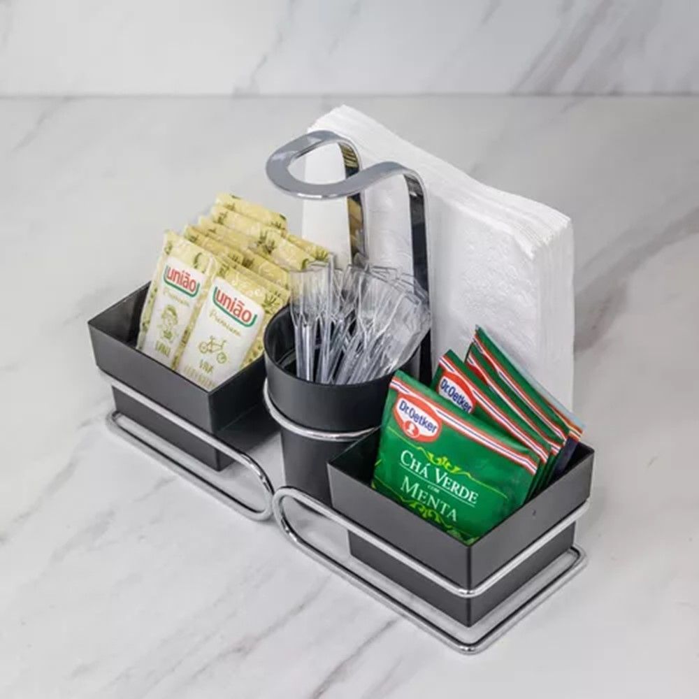Encontraproduto.com.br - Conjunto para Chá Café Porta Sachês Açúcar Guardanapos Com Alça Preto