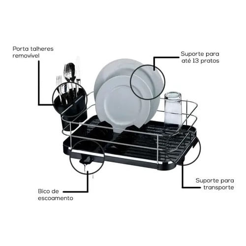 Encontraproduto.com.br - Escorredor de Louças Preto e Ônix com Bico Para Escoar Água