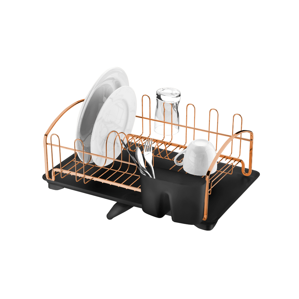 Escorredor De Louças Rose Gold Com Bandeja Preta 10 Pratos 8 Copos