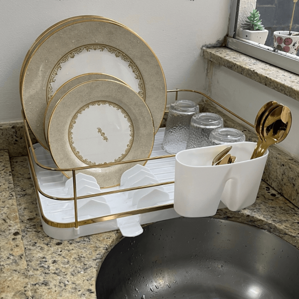 Encontraproduto.com.br - Escorredor de Louças Branco e Dourado com Bico