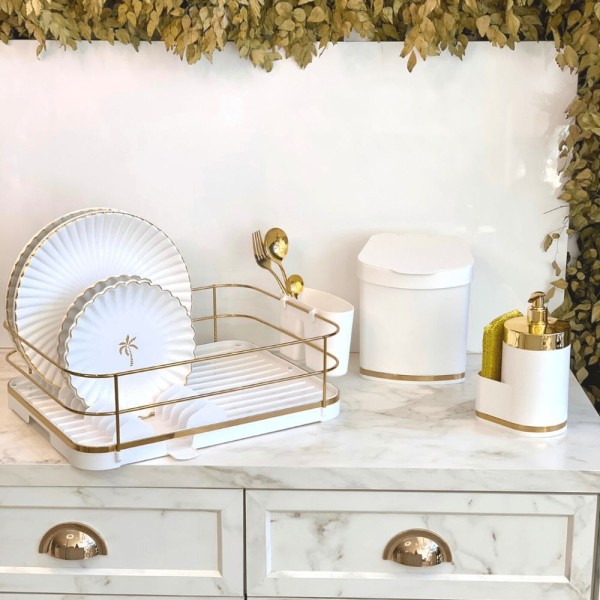 Encontraproduto.com.br - Escorredor de Louças Branco e Dourado com Bico