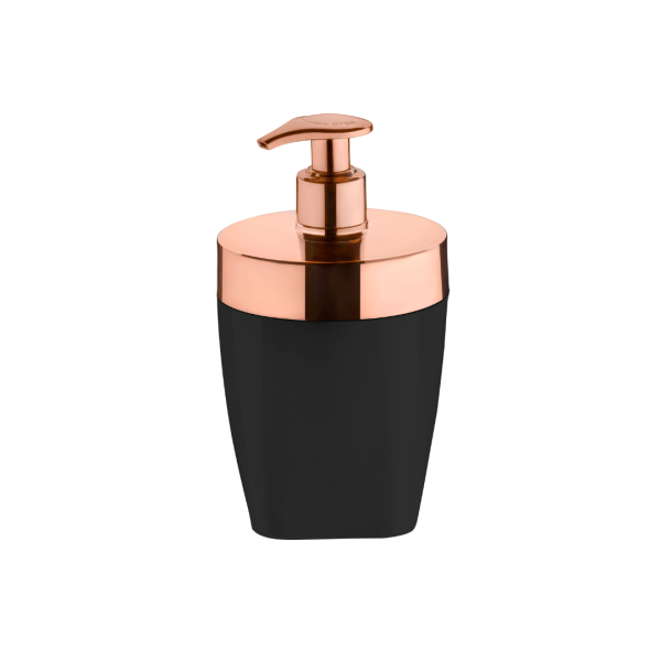 Encontraproduto.com.br - Dispenser Porta Sabonete Liquido Preto com Rose Gold 16cm