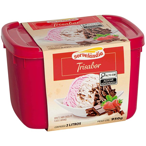 Encontraproduto.com.br - Sorvete Trisabor Chocolate, Flocos e Morango Sorvelândia 2 Litros