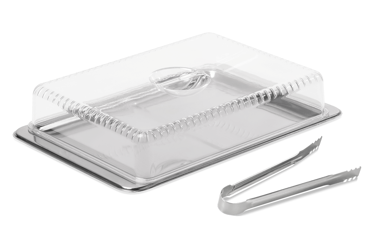 Kit Porta Frios Brinox 3 peças inox - empilhável (bandeja 27cm x 18,5cm / cúpula 23cm x 18cm x 5,8cm e pinça para frios - Linha Átina