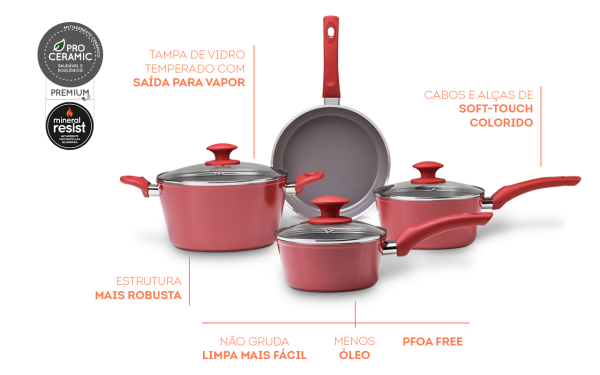Encontraproduto.com.br - Jogo de Panelas Brinox Antiaderente Ceramic Life 4 Peças Berry Vermelho Carmin