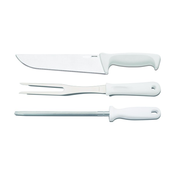 Encontraproduto.com.br - Kit Churrasco Brinox 3 peças -  faca, garfo trinchante e chaira - lâmina em aço inoxidável e cabo branco - Linha Precision