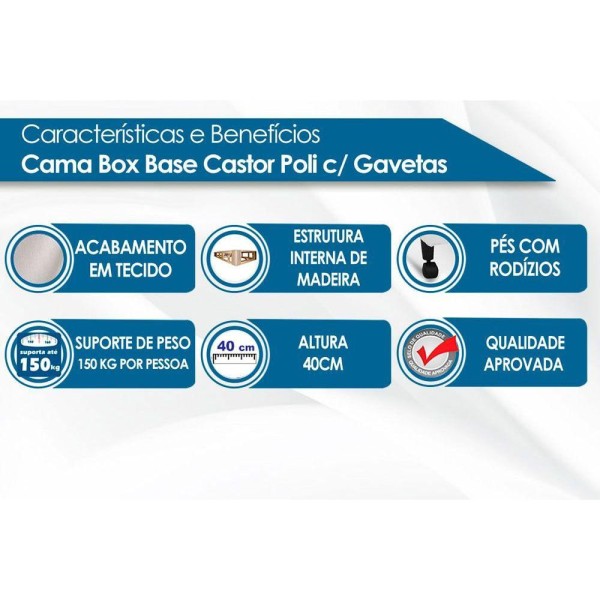 Encontraproduto.com.br - Cama Box Base C/gavetas Solteiro Poli Tecido White (78x27-c/2 Gavs) - Castor