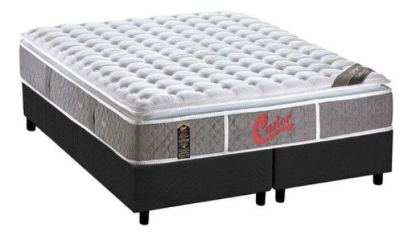 Encontraproduto.com.br - Cama Box Queen: Colchão Molas Castor Pocket Light Stress Oxygen New One Face + Base Cinza(158X198)