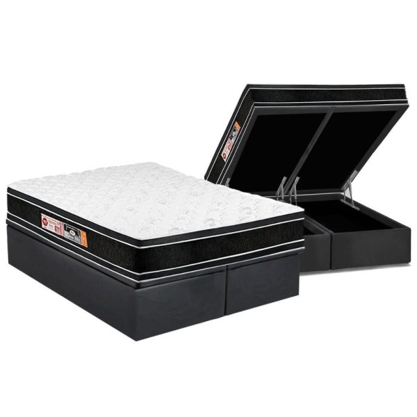 Encontraproduto.com.br - Cama Box Baú Queen: Colchão Castor D33 Black E White Air Double Face Euro Pillow+Base Gray(158X198)