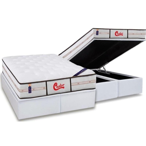 Cama Box Baú Queen: Colchão Molas Ensacadas Castor Gold Star+Base White(158X198)