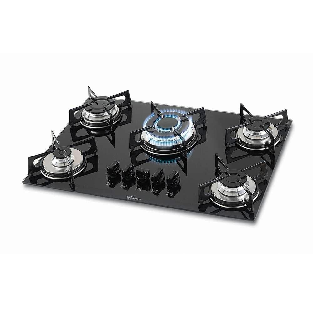Encontraproduto.com.br - Cooktop Fischer 5 Bocas Tripla Chama Mesa de Vidro Bivolt Preto 1743