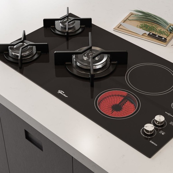 Encontraproduto.com.br - Cooktop Gás/Elétrico 5 Bocas Tripla Chama TOP com Trempe de ferro fundido Vitrocerâmica - 220V 7730-11479