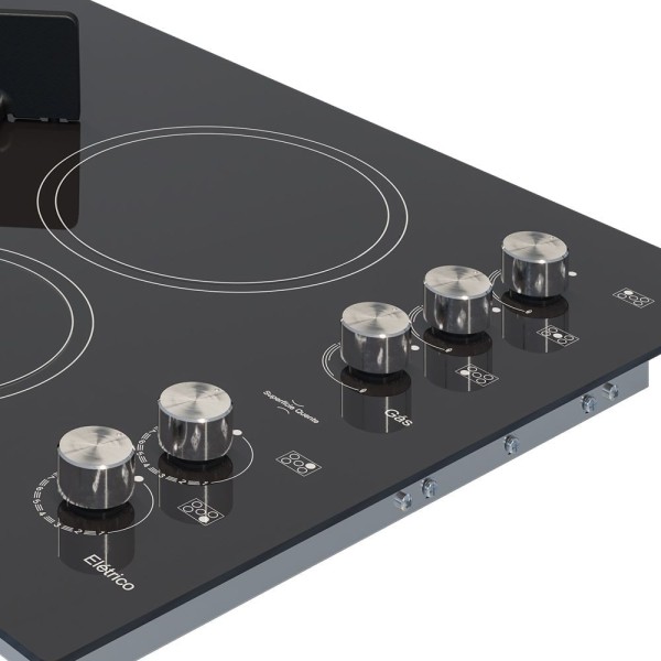 Encontraproduto.com.br - Cooktop Gás/Elétrico 5 Bocas Tripla Chama TOP com Trempe de ferro fundido Vitrocerâmica - 220V 7730-11479