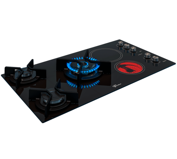 Encontraproduto.com.br - Cooktop Gás/Elétrico 5 Bocas Tripla Chama TOP com Trempe de ferro fundido Vitrocerâmica - 220V 7730-11479