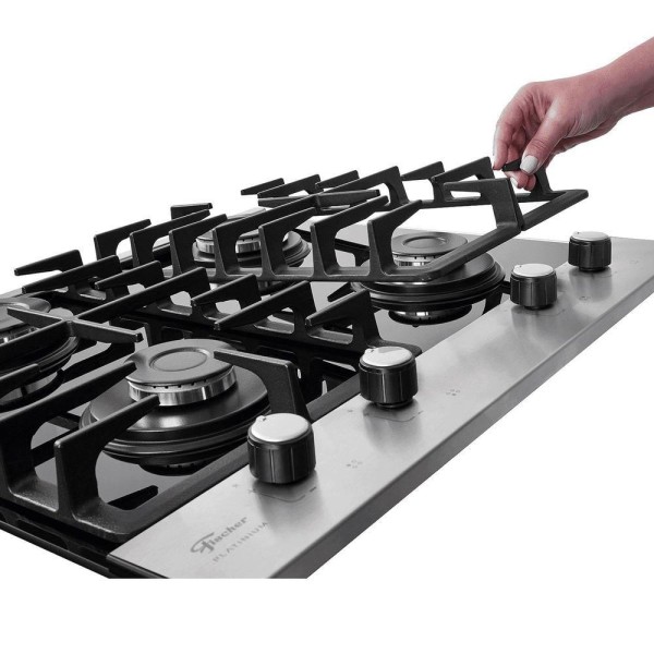 Encontraproduto.com.br - Cooktop a Gás Fischer 4 Bocas Platinium com Trempe de ferro fundido Mesa Vidro