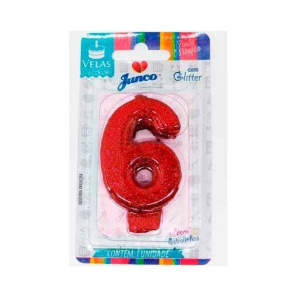 Encontraproduto.com.br - Vela Aniversário Junco Com Gliter Vermelha N 6