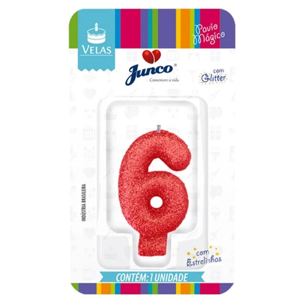Encontraproduto.com.br - Vela Aniversário Junco Com Gliter Vermelha N 6