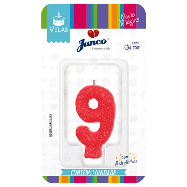 Encontraproduto.com.br - Vela Aniversário Junco Com Gliter Vermelha N 9