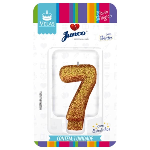 Encontraproduto.com.br - Vela de Aniversário Live Colors com Glitter Junco N.7 Ouro Unidade