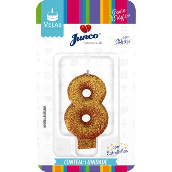 Encontraproduto.com.br - Vela de Aniversário Live Colors com Glitter Junco N.8 Ouro Unidade