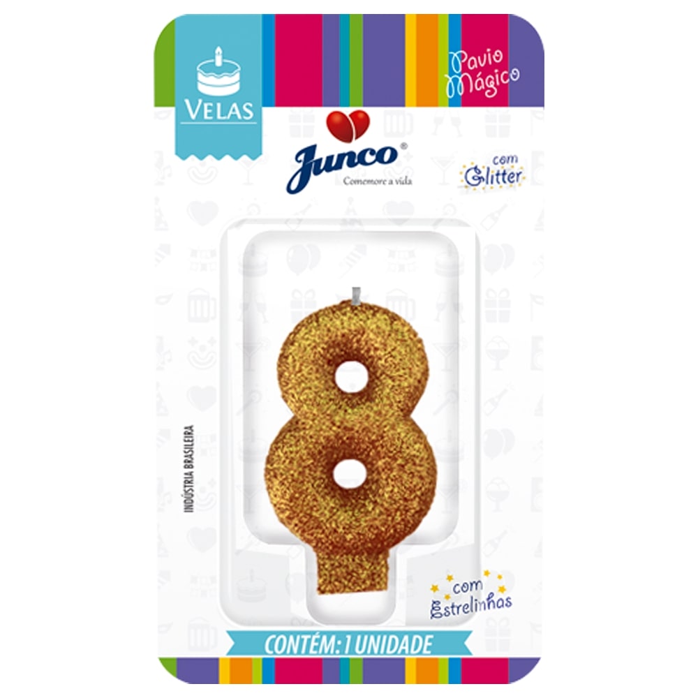 Encontraproduto.com.br - Vela de Aniversário Live Colors com Glitter Junco N.8 Ouro Unidade