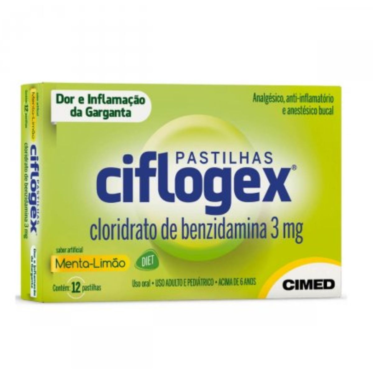 Encontraproduto.com.br - Pastilha Ciflogex Diet 3mg Sabor Menta e Limão 12 Unidades